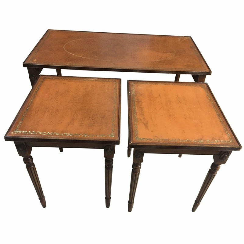 19th C. French Leather Top Cocktail | Coffee Table +2 Nested Side Table-Set of 3