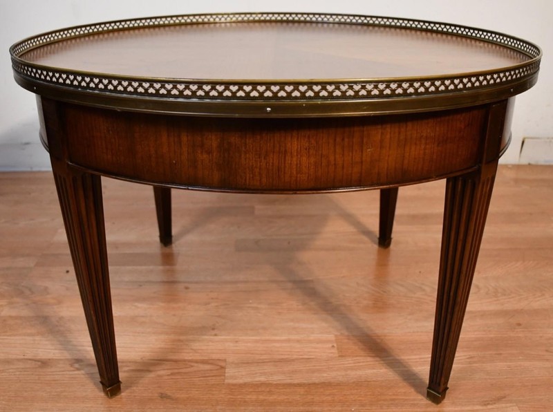 1930s French Louis XVI Style Walnut Coffee Accent Table Brass Gallery Railing gallery