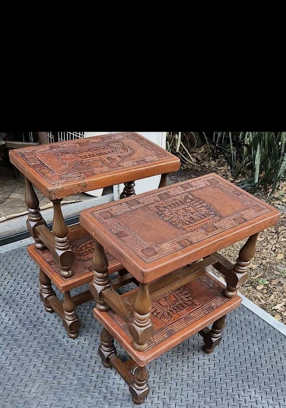 4-Vintage Mid-Century Small wood benches with Hand-tooled leather tops from Peru
