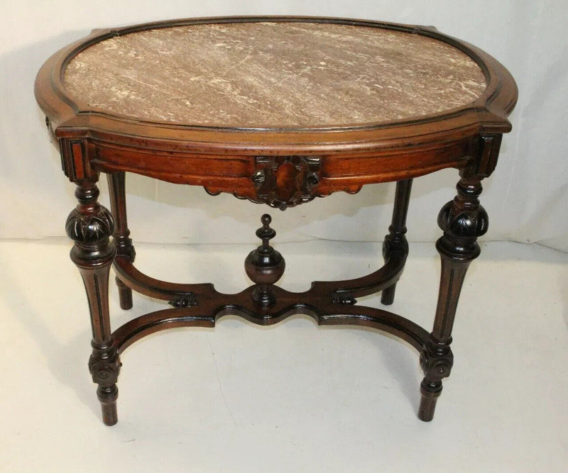 19th C Victorian Carved Walnut Marble Top Parlor Center Table , Elegant Accent