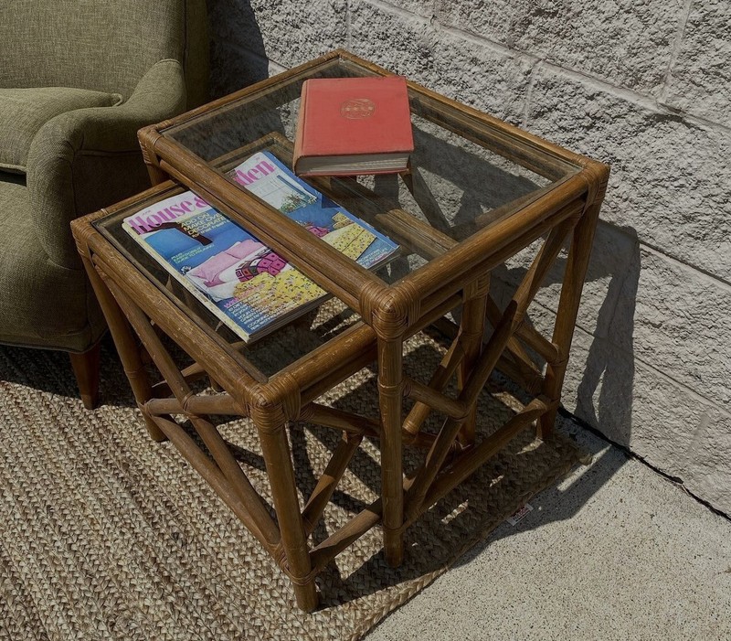 Vintage 1970s Chippendale Bamboo Rattan Glass Top Nesting Tables Set of 2 gallery