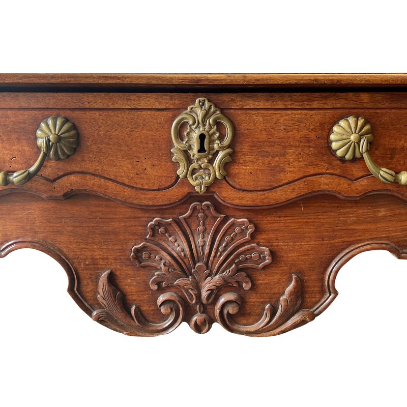 ANTIQUE FRENCH COUNTRY WALNUT ORIGINAL BRASS MOUNTED SIDE TABLE, CIRCA 1900 gallery