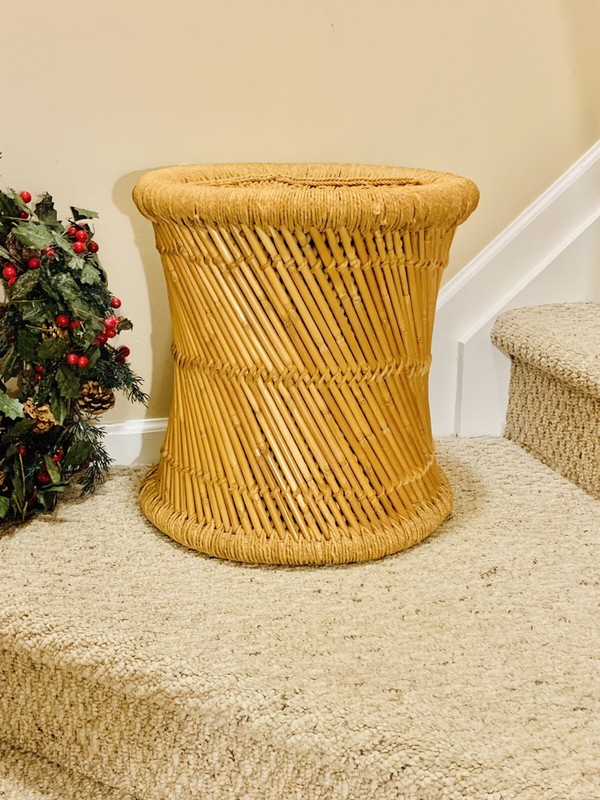 Vtg Table Plant Stand Ottoman Stool Cane Rattan Wicker Woven Boho Mid Century gallery