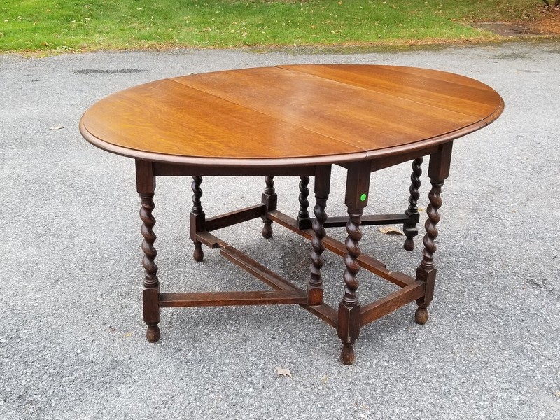 Early 20th C. English Oak Drop-Leaf Dining Table With Barley Twist Gate-Legs gallery