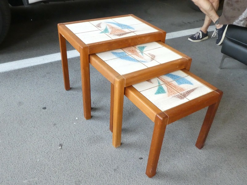 PAIR OF 1970'S DANISH MODERN NESTING TABLES WITH TILE TOPS NAUTICAL THEME gallery