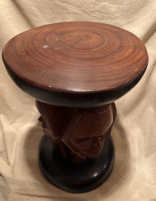 Vintage PLANT STAND / End Table-STOOL 1 Solid Wood Piece Hand Carved Faces Masks gallery