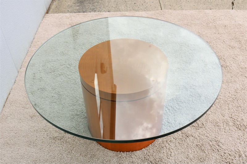 Mid-Century Modern Style 39 in Round Clear Glass Top Drum Wood Base Coffee Table gallery