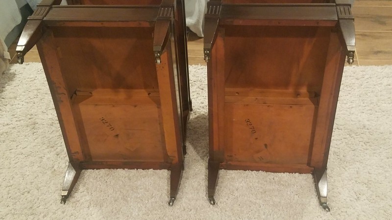 VINTAGE PAIR OF LEATHER INLAID 2 TIER NIGHT STANDS/ END TABLES ON WHEELS + BONUS gallery