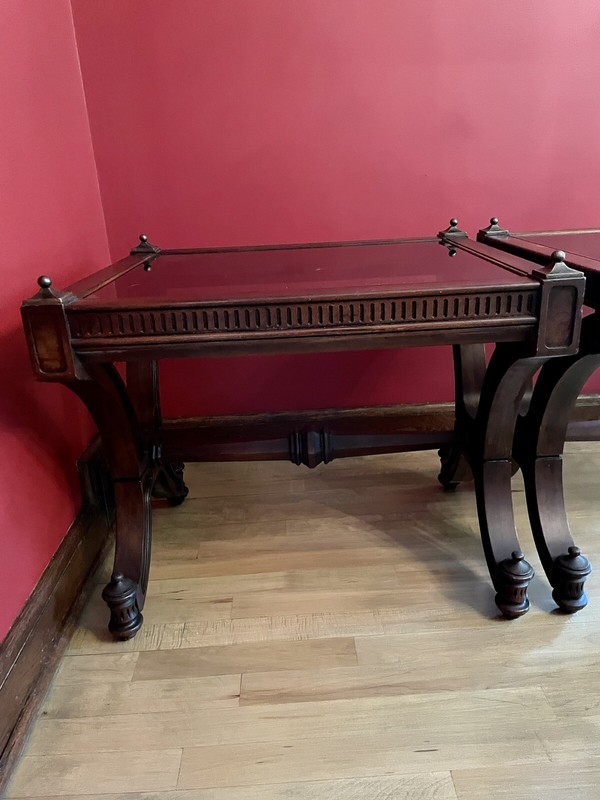 Mahogany Empire Style Side Table Pair With Glass Top And Brass Finials gallery