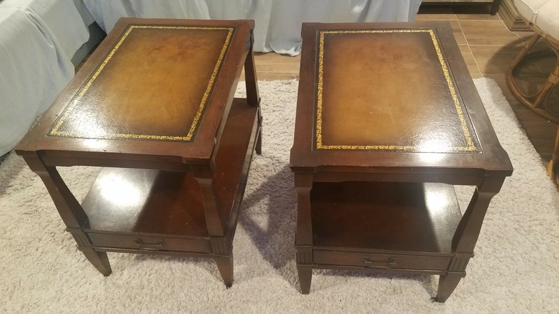 VINTAGE PAIR OF LEATHER INLAID 2 TIER NIGHT STANDS/ END TABLES ON WHEELS + BONUS