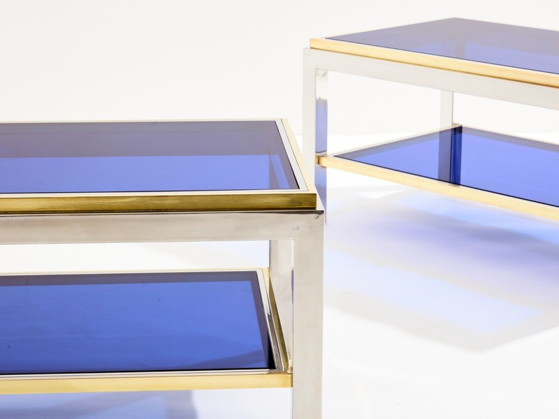 Pair of Two-Tier brass chrome side tables Willy Rizzo Flaminia 1970s gallery