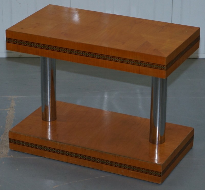 PAIR OF MID CENTURY MODERN CHROME PLATED & SATINWOOD SIDE END WINE LAMP TABLES gallery