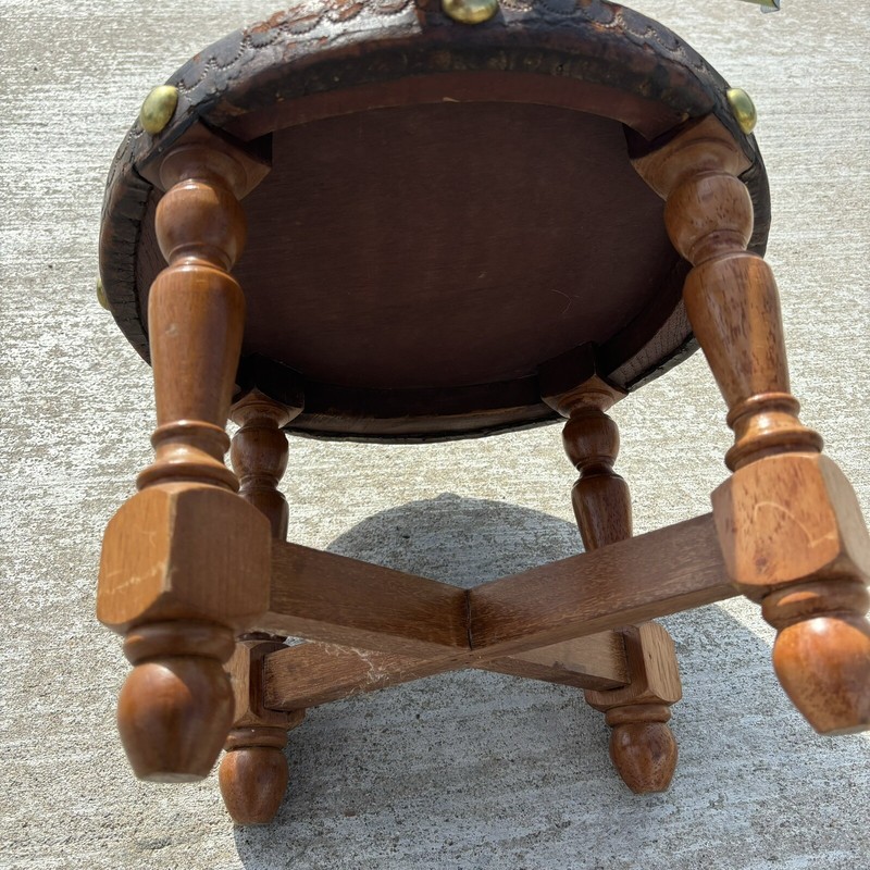 Peruvian Hand Tooled Punched Leather South American Wooden Stool Vintage gallery