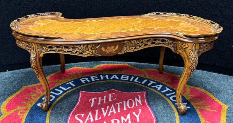 Vintage Italian Marquetry Coffee Table Carved Wood Rococo Style - PICKUP ONLY