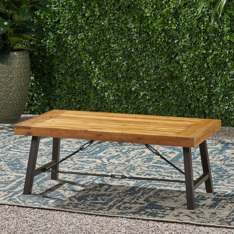 Outdoor Acacia Wood Coffee Table Teak Finish Rustic Metal Brown 27.25*45.75*18" gallery