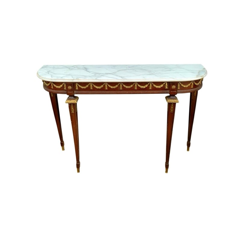 Table Wood with Brass Details and Marble Top Entryway Console French Style Decor