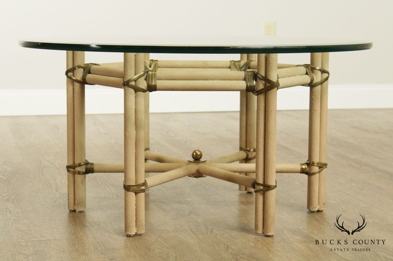Mid Century Modern Faux Bamboo Wrought Iron & Brass Round Glass Top Coffee Table gallery
