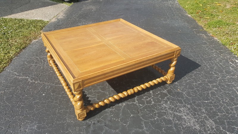 Heirloom Drexel Heritage Oak Coffee Table: Barley Twist Legs, Parquet Top 1970s
