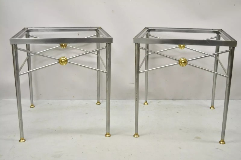 Italian Directoire Maison Jansen Style Brushed Steel & Brass End Tables - a Pair gallery