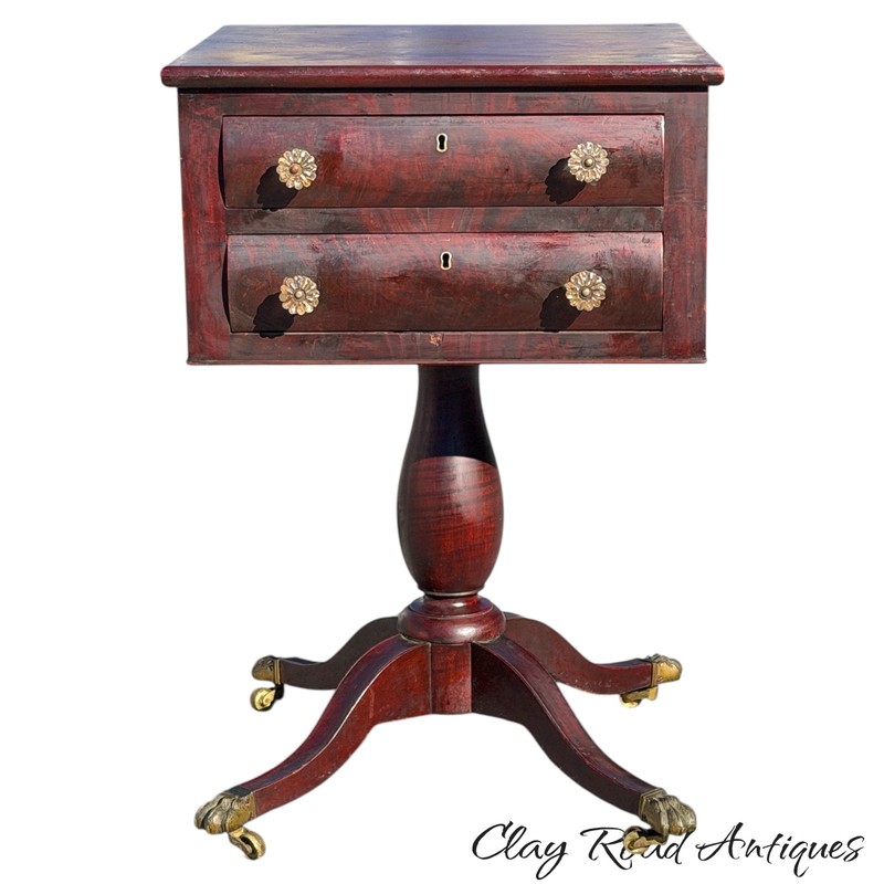 Antique Classical mahogany 2 drawer work table sewing stand federal empire 1830