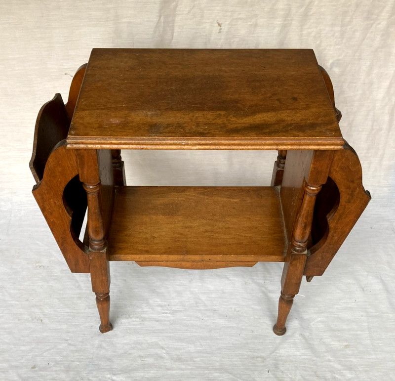 Antique Carved Solid Wood Side Table with Magazine Rack and Shelf - Rare!! gallery