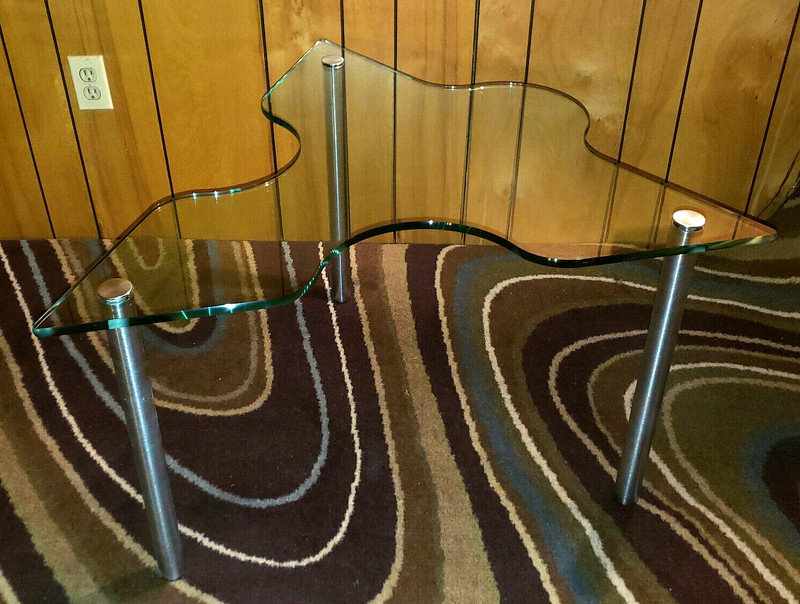 PUZZLE PIECE Coffee/Side/Accent Post Modern GLASS END TABLE w/Brushed Steel Legs
