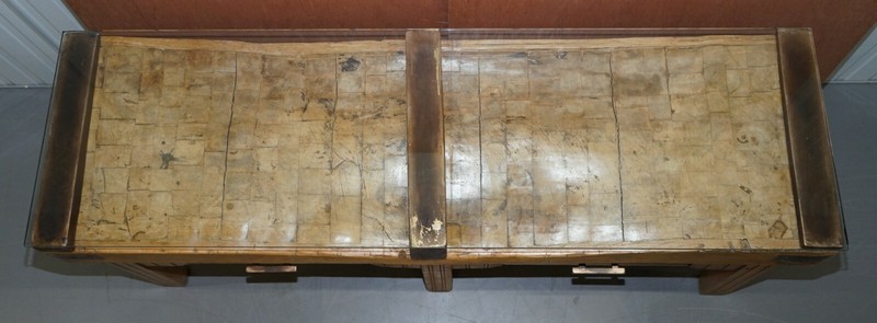 RESTORED CIRCA 1920'S HENNES FRANCE BUTCHERS TABLE BRONZED MOUNTS GLASS TOP gallery