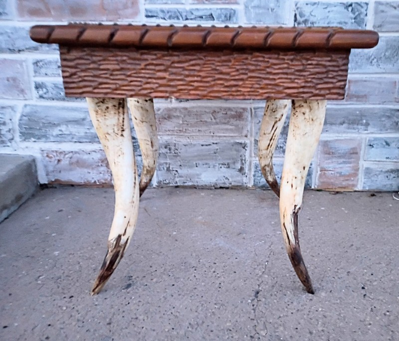 Vintage Mid Century Square Leather Top Bull Cow Horn Leg End Side Table gallery