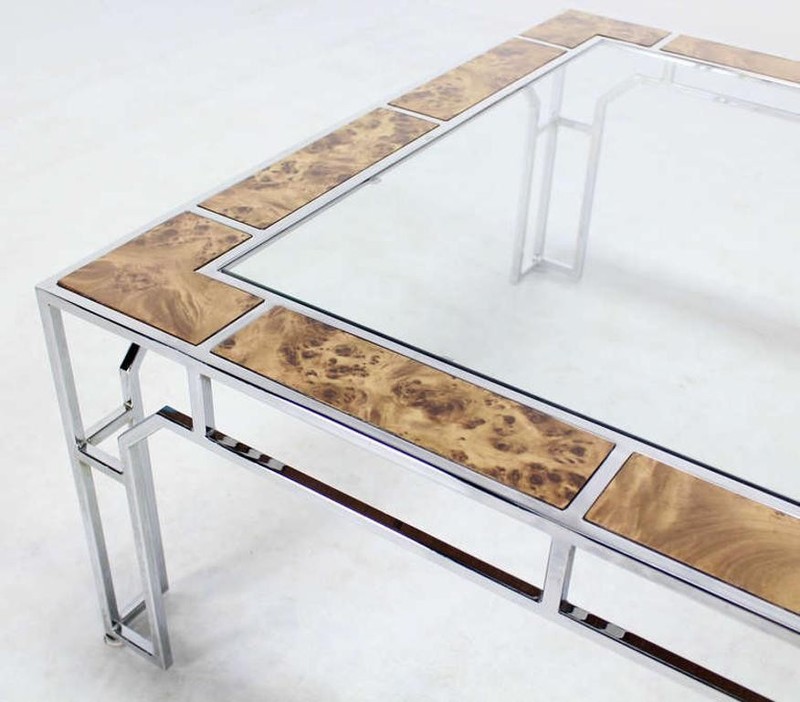 Mid Century Modern Chrome Glass Top Square Coffee Table w Burl Wood Inserts MINT gallery
