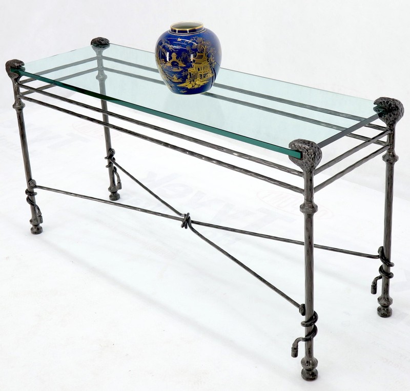 Hammered Forged Metal Wrought Iron Base 3/4" Glass Top Console Table Giacometti gallery