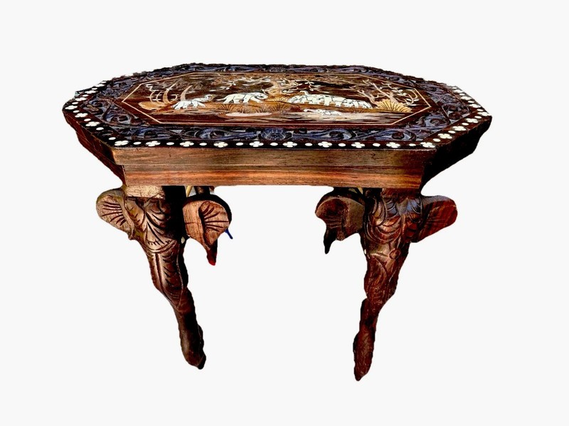 VTG Elephant Legged Anglo Indian Rosewood Side Table Hand Carved with Inlay 12″