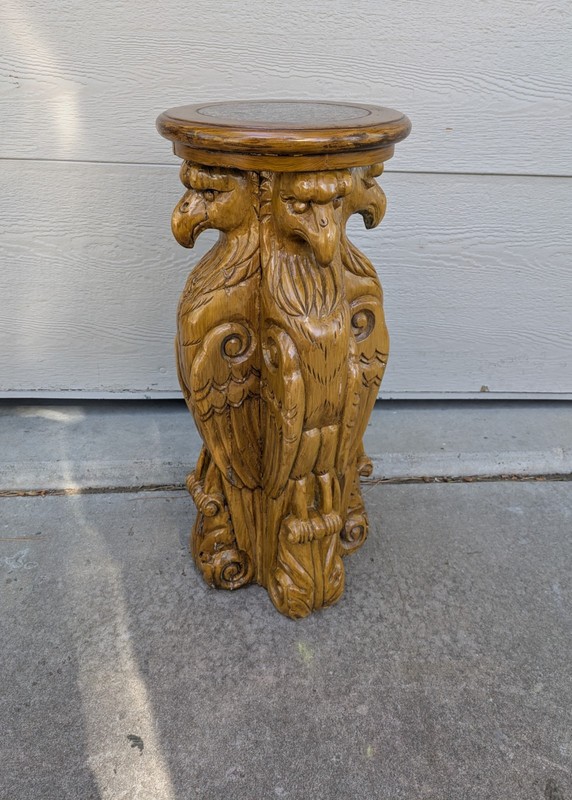 Vintage Hand Carved Eagle Sculpture Pedestal Plant Stand Table Round Granite Top gallery
