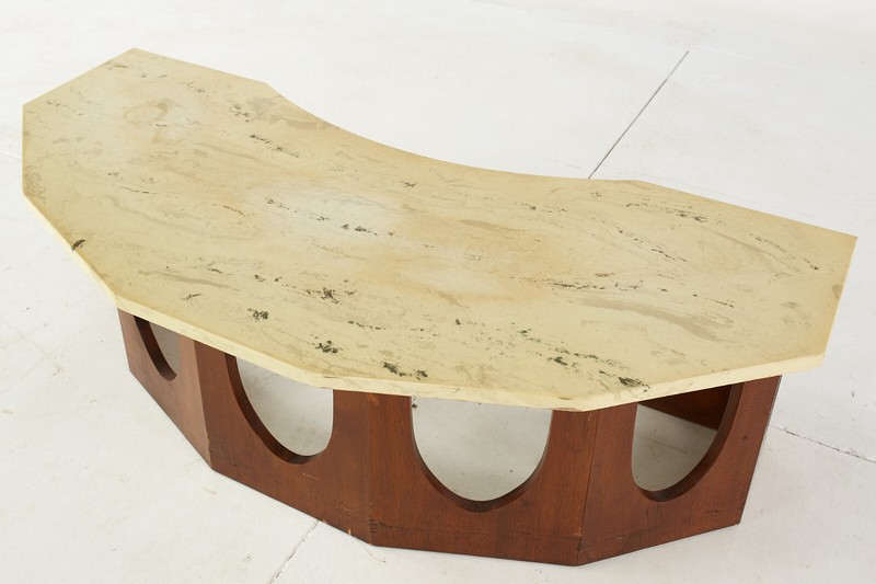 Harvey Probber Mid Century Walnut and Travertine Half Crescent Moon Coffee Table gallery