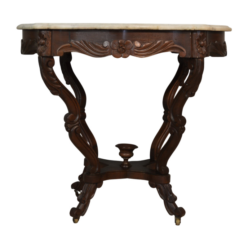 Antique Parlor Table, Victorian Marble Top Carved Hall Table #21332