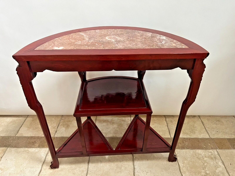 Vintage Demilune Console Table Three lower shelves carved claw feet Etagere gallery