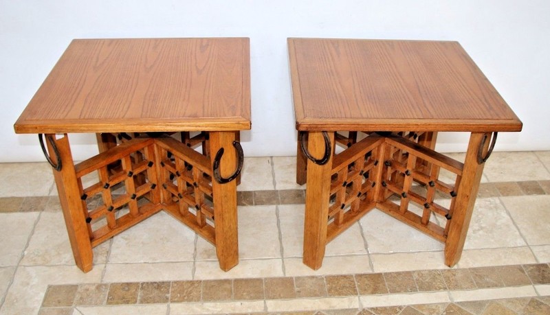 Rustic Western Retro Pair Oak Veneer End Tables Night Stands Horse shoe theme gallery