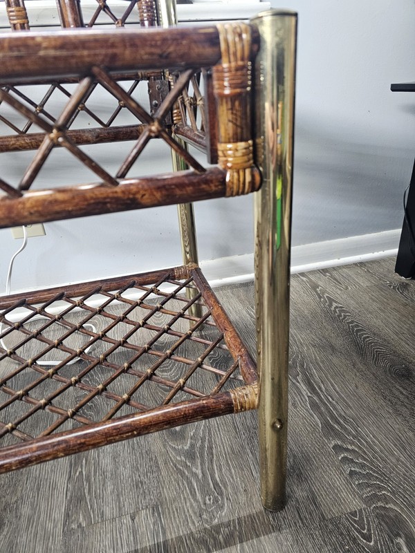 Vintage Bohemian Cane Wood Rattan Bamboo Side Table Brass Legs Glass Top W/ Back gallery