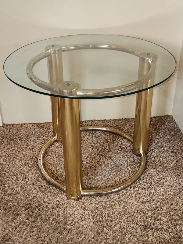 Mid Century Modern Hollywood Regency Tubular Brass Round Glass Side Table 26" gallery