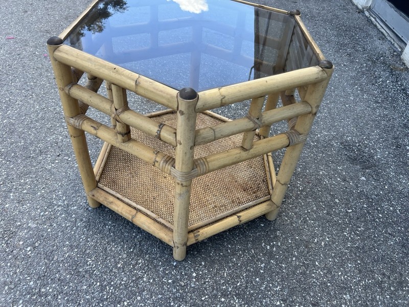 VTG Mid Century Tortoise Shell Rattan Bamboo Hexagon Glass Top Side/End Table gallery