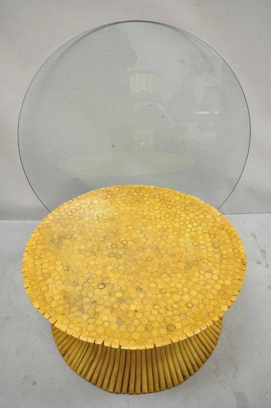 Hollywood Regency McGuire Style Sheaf of Wheat Bamboo 48" Glass Coffee Table gallery