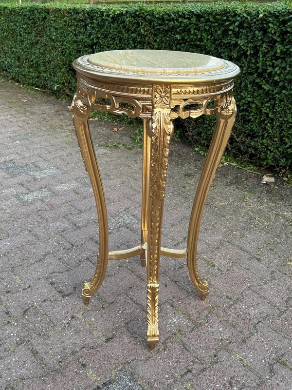 Side Table French Louis XVI 1970s Gold Gilt Beech Marble Round gallery