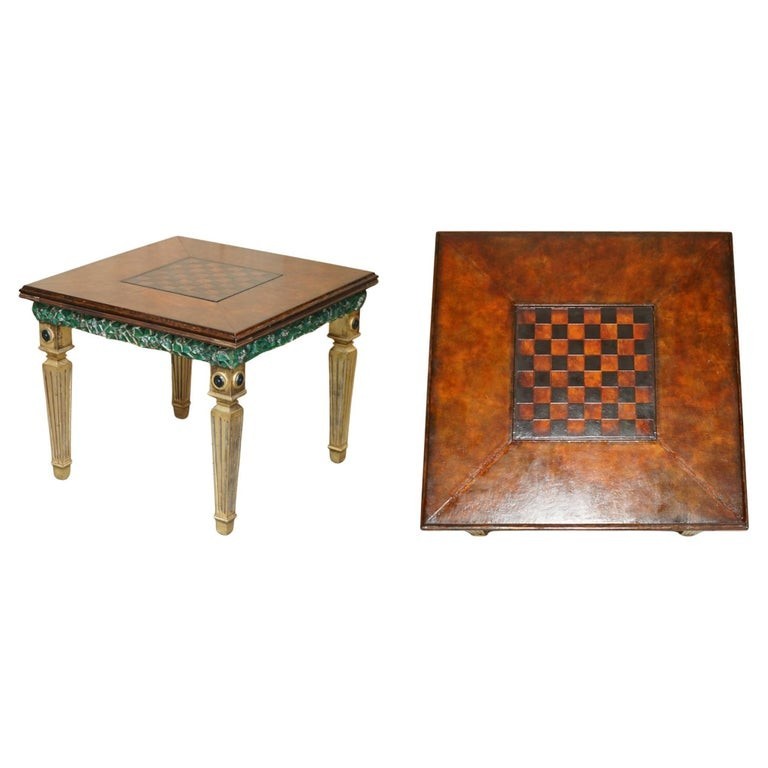EXQUISITE FULLY RESTORED HAND DYED BROWN LEATHER CHESSBOARD CHESS GAMES TABLE