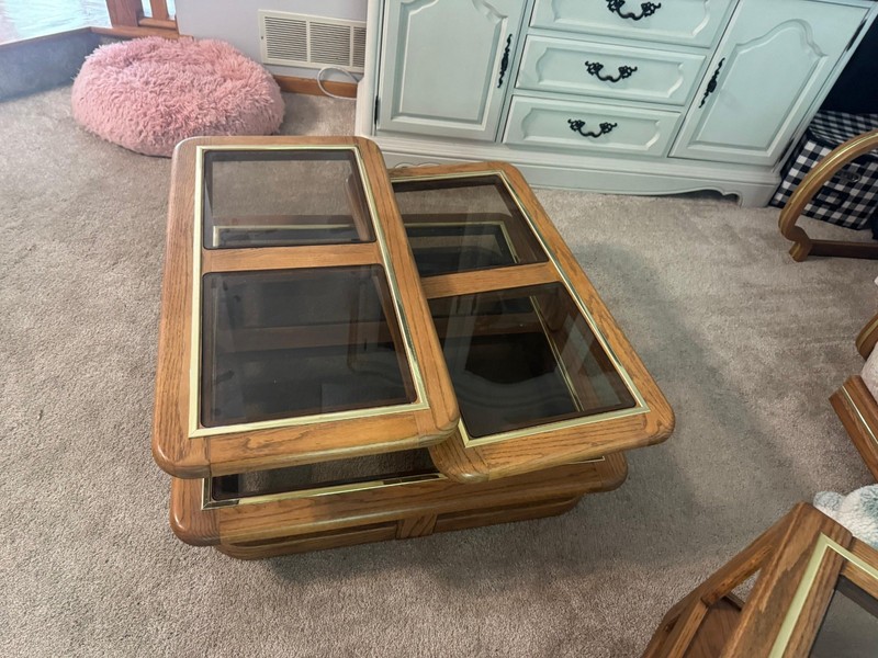 1980's Oak Swivel Glass Coffee Table Three Tiered Surfaces To Set Your Items On. gallery