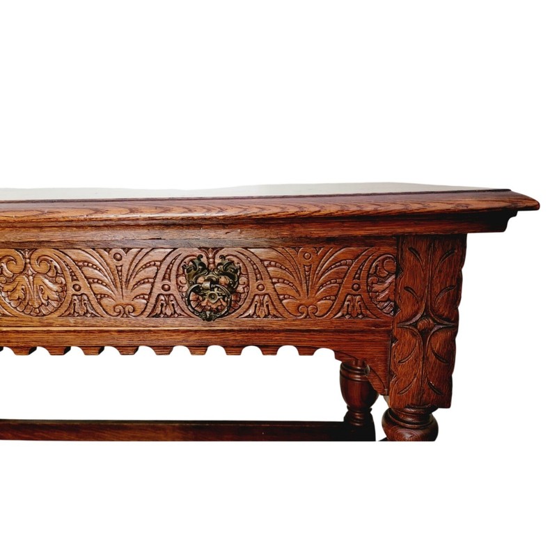 Robert Mitchell Furniture Co Antique Desk Library Table Oak Brown Carved 48in gallery