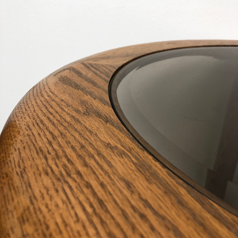Vintage Lou Hodges-Style Round Solid Oak Side Table With Beveled Smoked Glass gallery