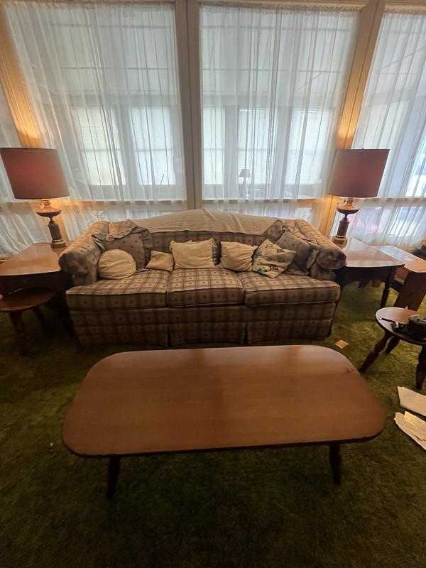 Real antique wooden side tables and coffee table set with pull out sofa couch