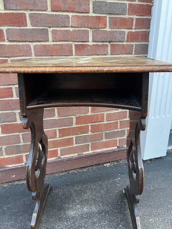 vintage wood Table Desk With Lyre trestle Legs 29”x19”x13” gallery