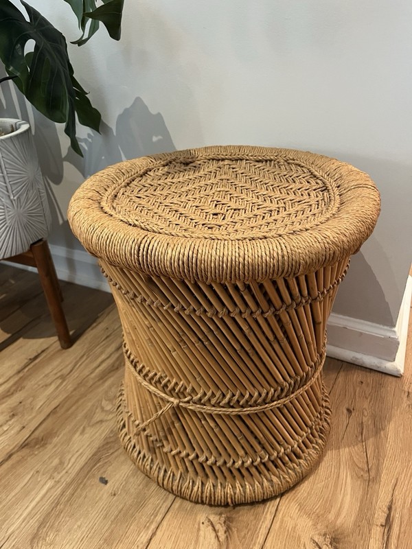 Vintage Mid-Century Pencil Reed Rattan & Rope Stool Side Table