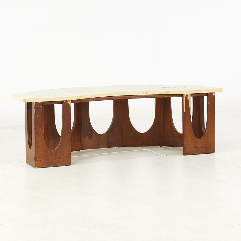 Harvey Probber Mid Century Walnut and Travertine Half Crescent Moon Coffee Table gallery