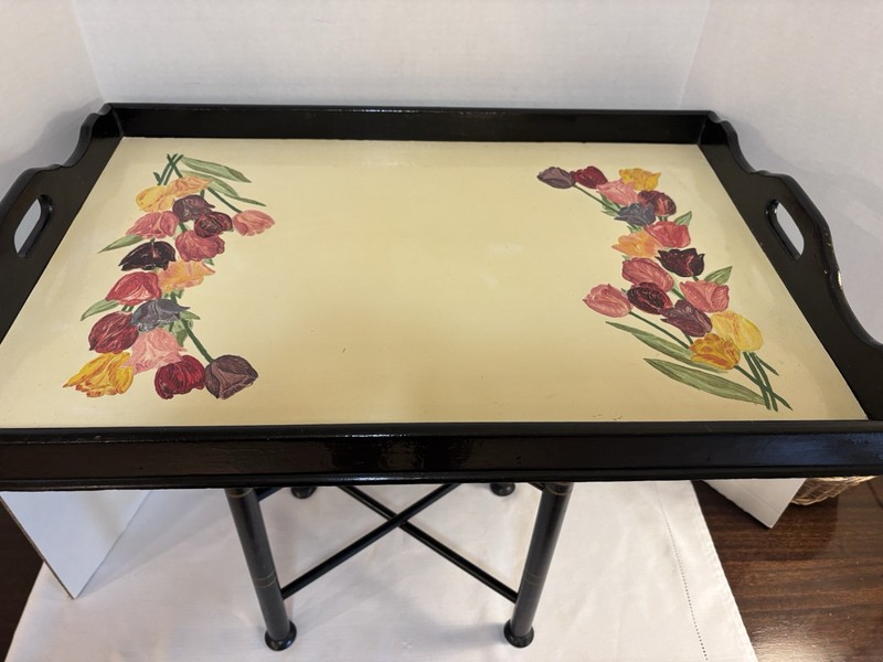 VTG Tray Table With Folding Base Hand Painted Tulips 25” X 17” X 22” gallery